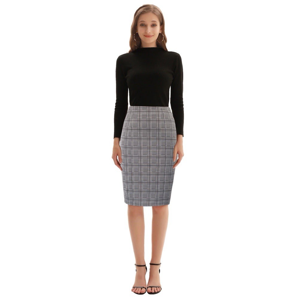 JH Collectibles Gray Plaid Wool Twill Pencil Skirt Lined Slit Knee Length 8