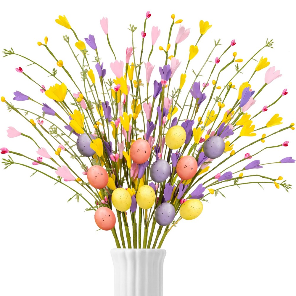 15PCS Easter Decorations Egg Picks - Spring Artificial Floral Stems Decor Flo...
