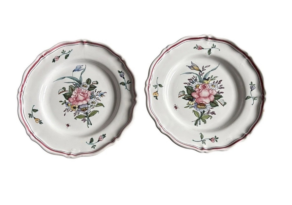 VTG Lallier Moustiers France Hand Painted Ceramic Pottery Plate, 9.5”, Set Of 2