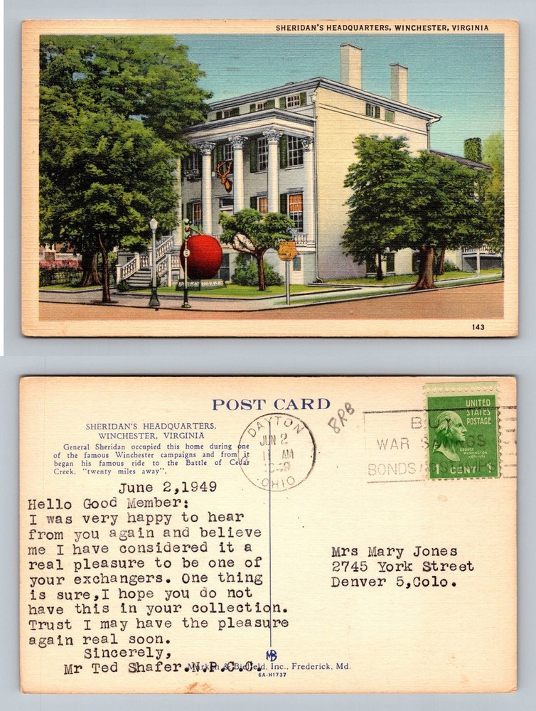 Winchester, VA-Virginia, Sheridans Headquarters Civil War Home Vintage Postcard