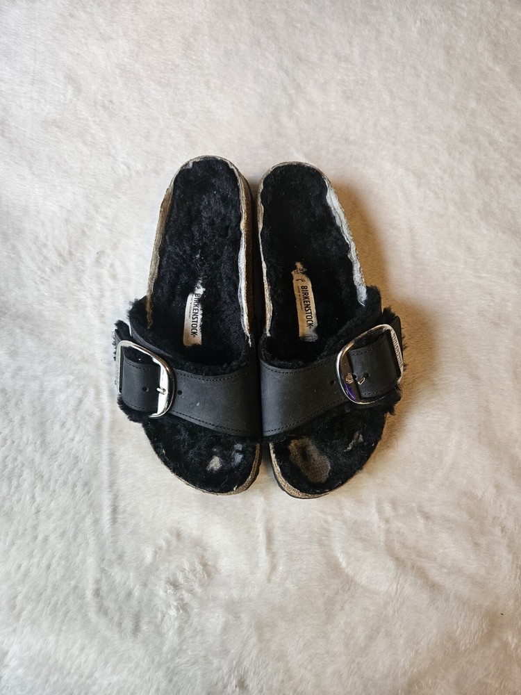 Birkenstock Shearling Madrid Buckle Sandals Black Size 37 Women's 6 Men's 4