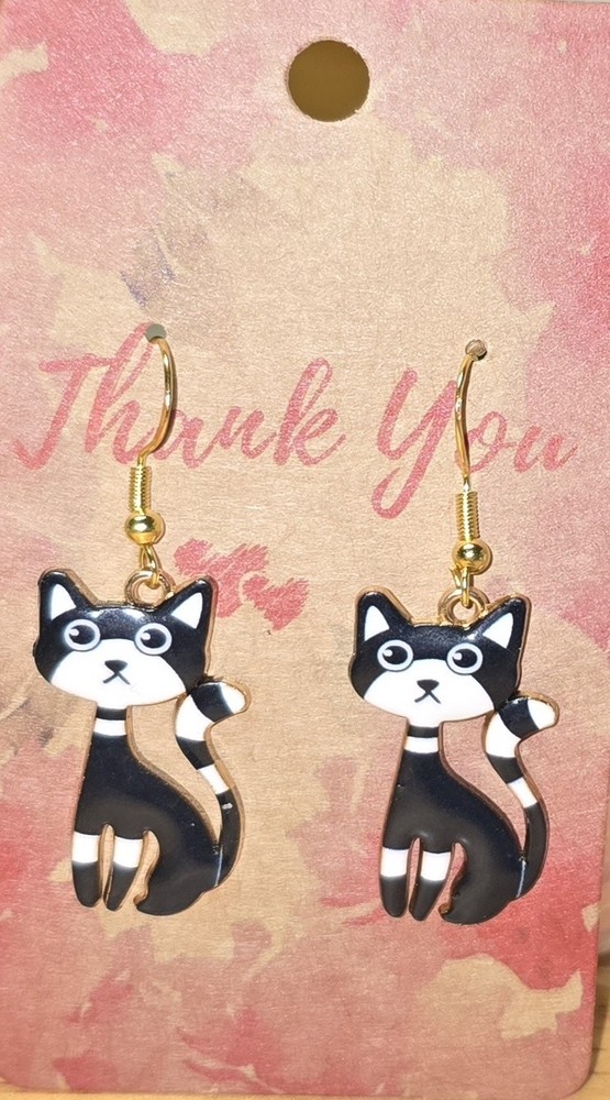 Dangle Black And White Cat Earrings .925 Sterling Silver Hooks Goldtone Overlay