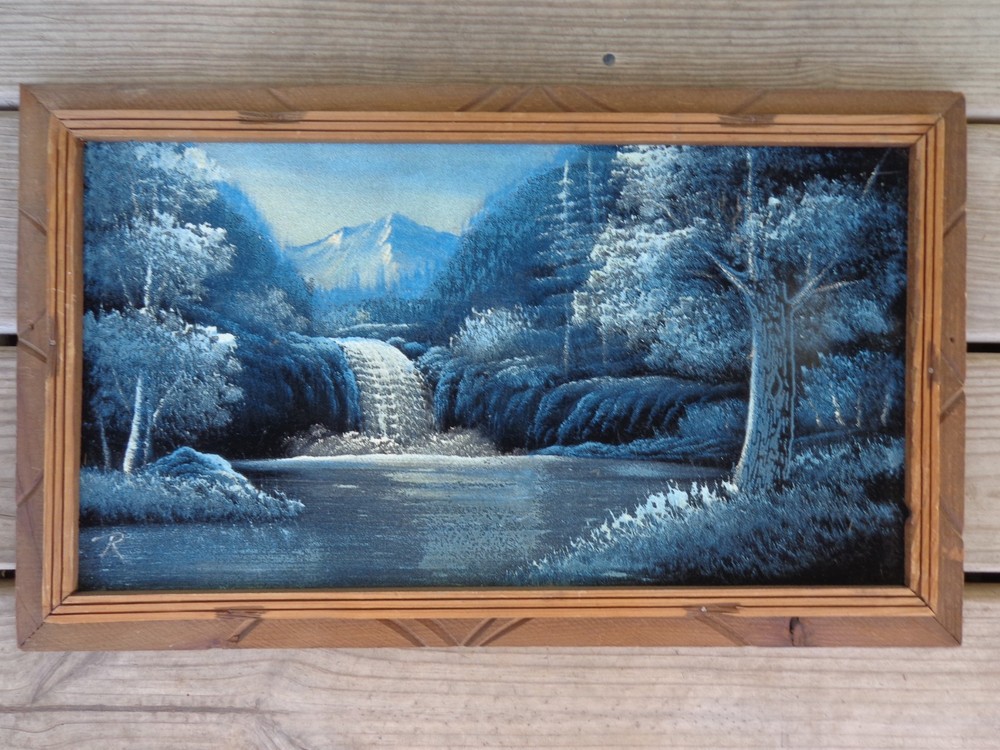 Velvet Painting Blue Waterfall Landscape Scene Framed 22 x 13 Retro MCM Gallery