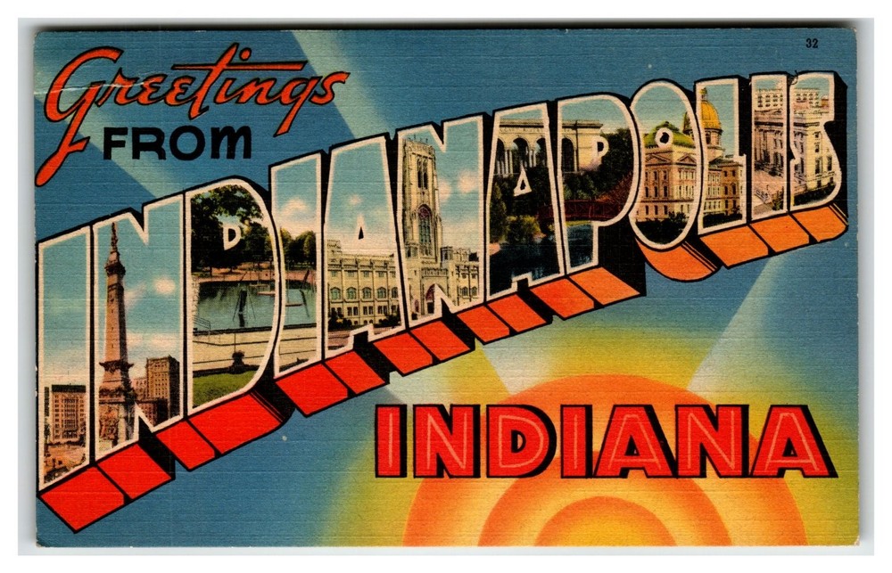 Greetings From Indianapolis Indiana Large Letter Linen Postcard 1937