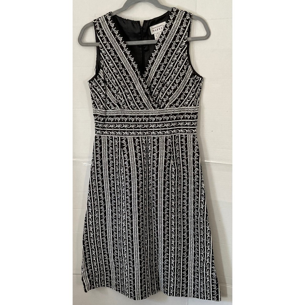 Adrianna Papell Black White Embroidered Linen Blend Fit Flare Dress Size 6
