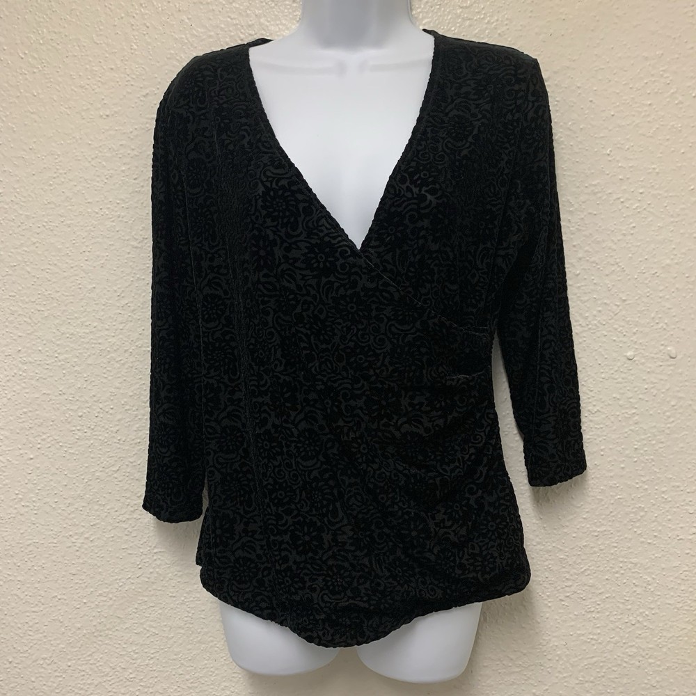 Clothing Co by Notations Floral Velvet black top size L 3/4 Sleeves