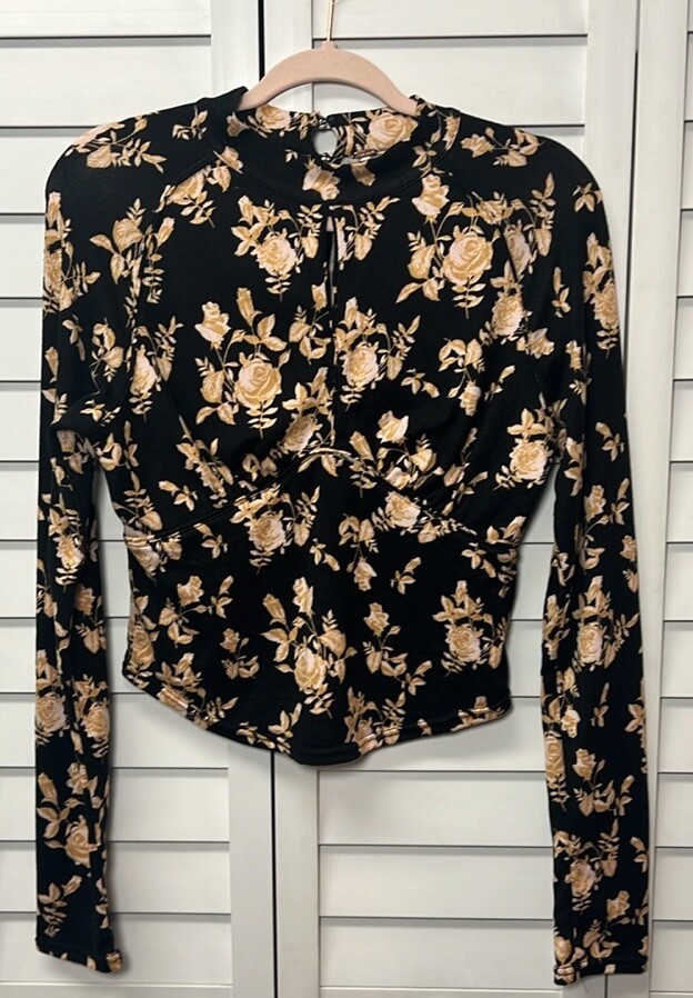 Free People Floral Long Sleeve Dinner Top Womens Medium Black