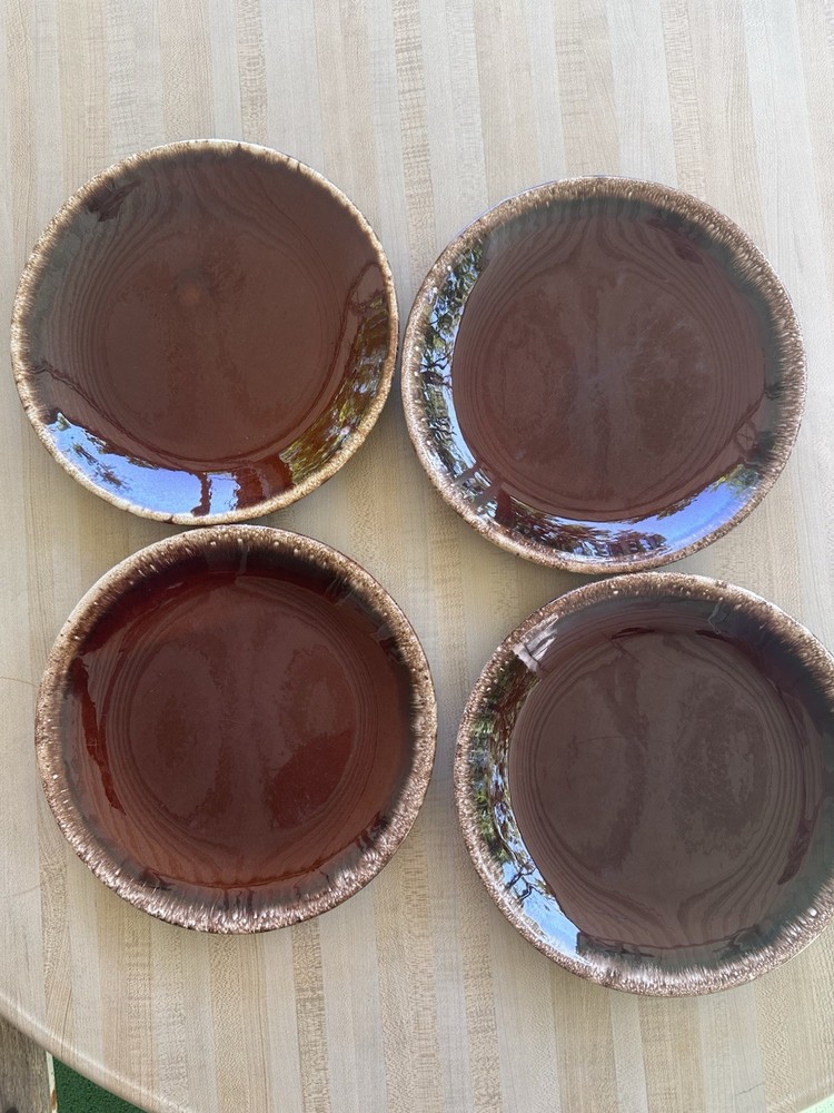 Vintage Hull Brown Drip Glaze Dinner Plates Set of 4 10.5” Oven Proof USA