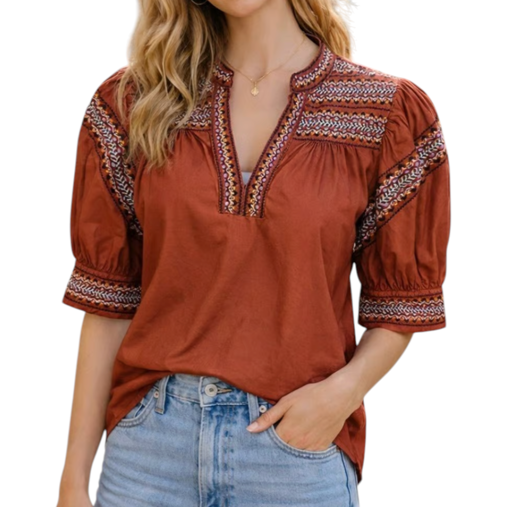 A LOVES A Rust Burnt Orange PUFF SLEEVE EMBROIDERED Peasant Top Cotton Boho L