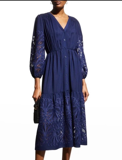 NWT $460 SHOSHANNA Nessa V-Neck Eyelet Dress Sz 10 Navy