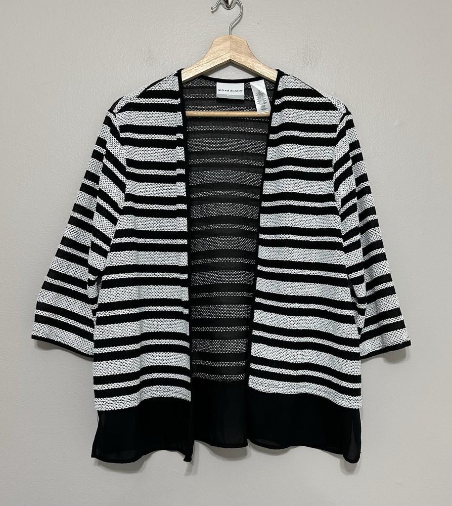 Alfred Dunner Petite Open Front Sheer Cardigan Sweater M Black White Striped
