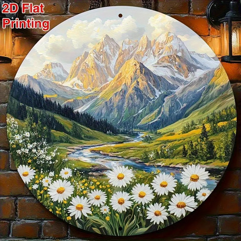Vintage Landscape Metal Wall Decor Mountain River Floral Sign