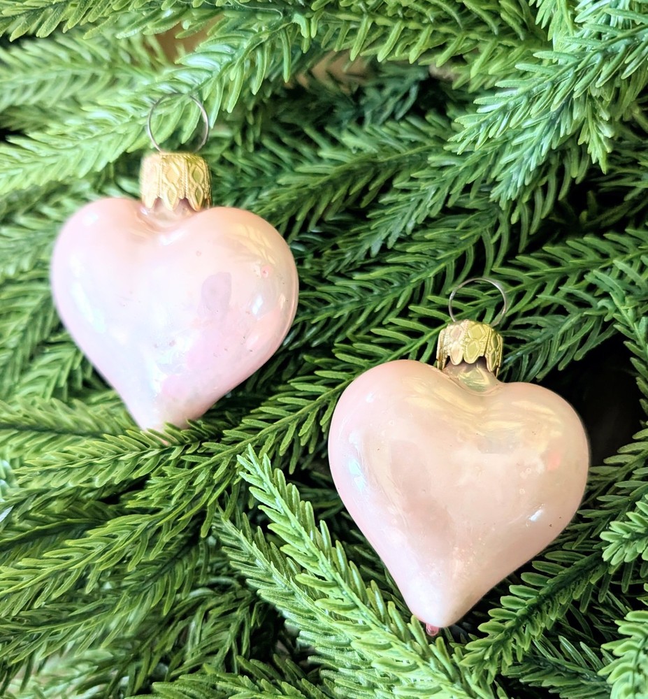 Blown Mercury Glass Heart Christmas Ornament Set West Germany VTG Kugel Pearl