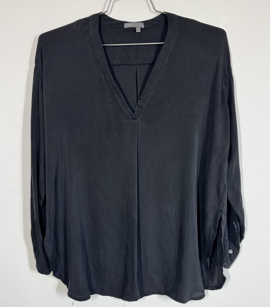 Vince Women's Black Silk Band-Collar Blouse Size M Satin Look Luxury Corporate
