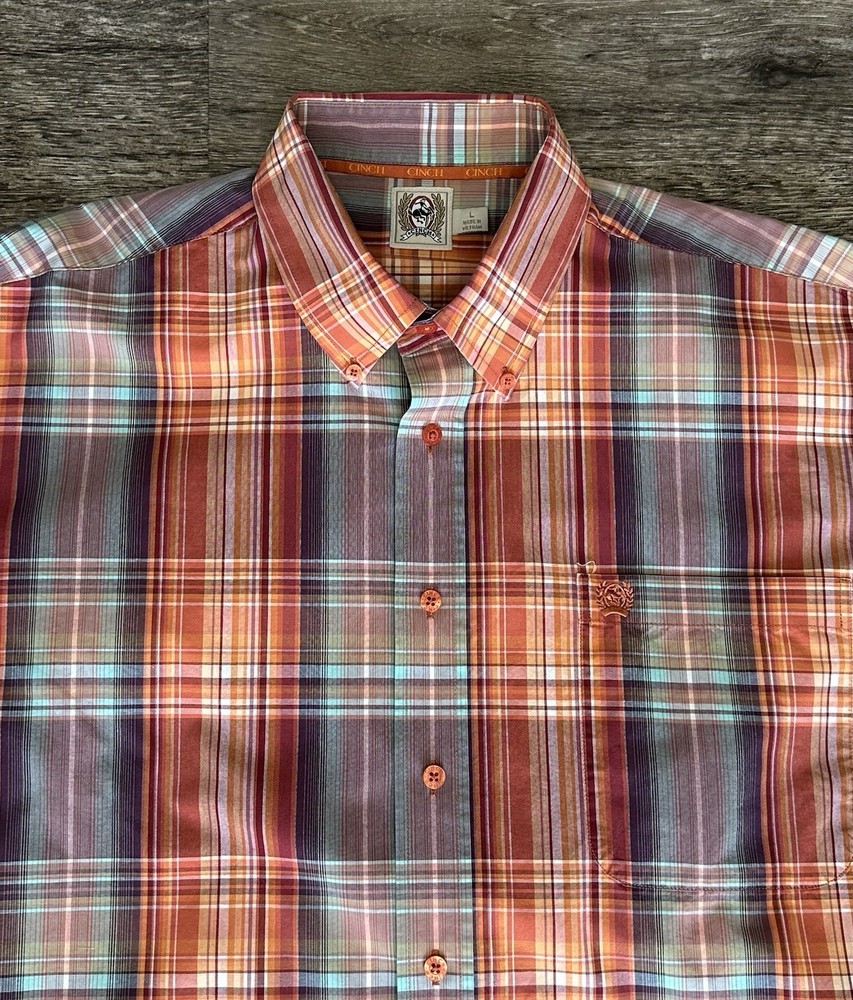 Cinch Western Button Up Shirt Men’s Size Large Orange Plaid Long Sleeve
