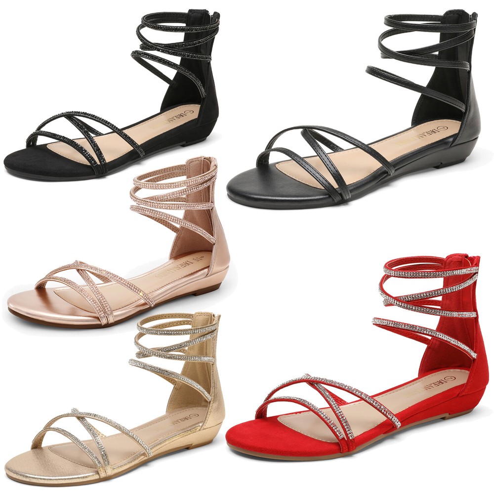 Women Chic Rhinestones Ankle Straps Flat Sandals Back Zipper Summer Sandals