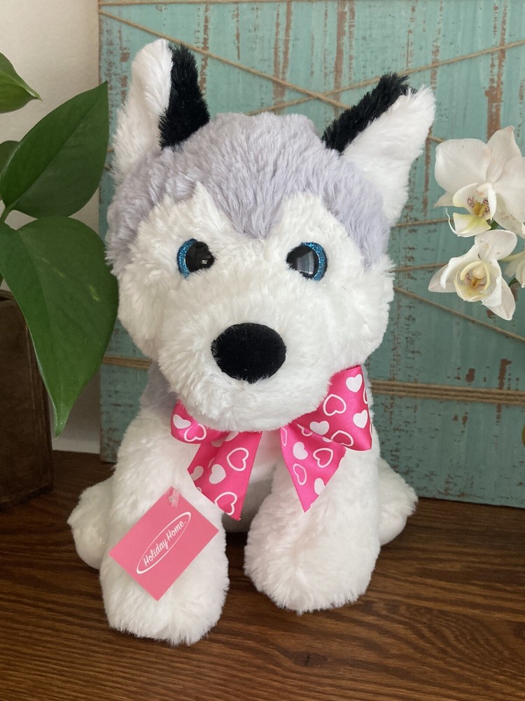 Holiday Home Siberian HUSKY Gray White Stuffed Animal Plush Puppy Dog Blue Eyes