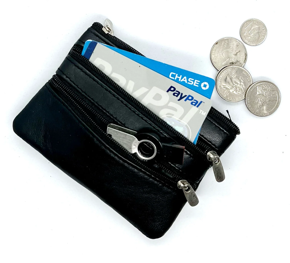 Genuine Leather Compact ID Card Holder with Keychain and Coin Pocket  