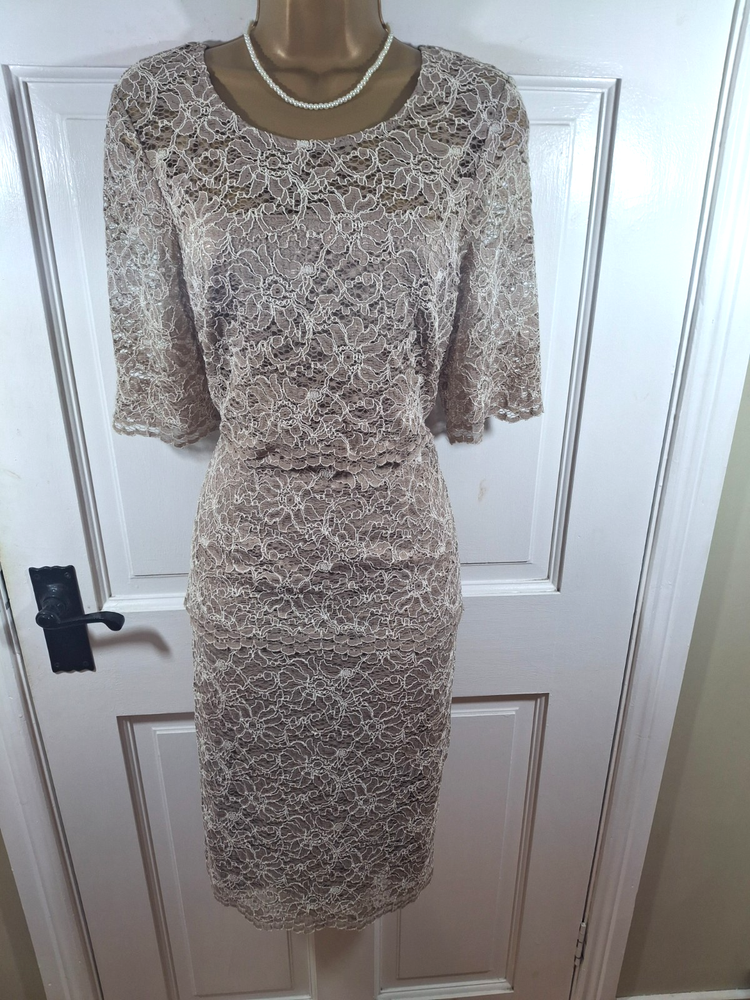 Gina Bacconi Gold / Latte Floral Lace Lined Dress, UK 12, New With Tag £220