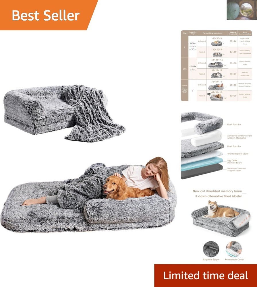 Spacious Orthopedic Memory Foam Human Dog Bed - Foldable & Easy to Clean - Black