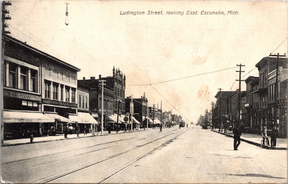Postcard Ludington Street, Looking East in Escanaba, Michigan