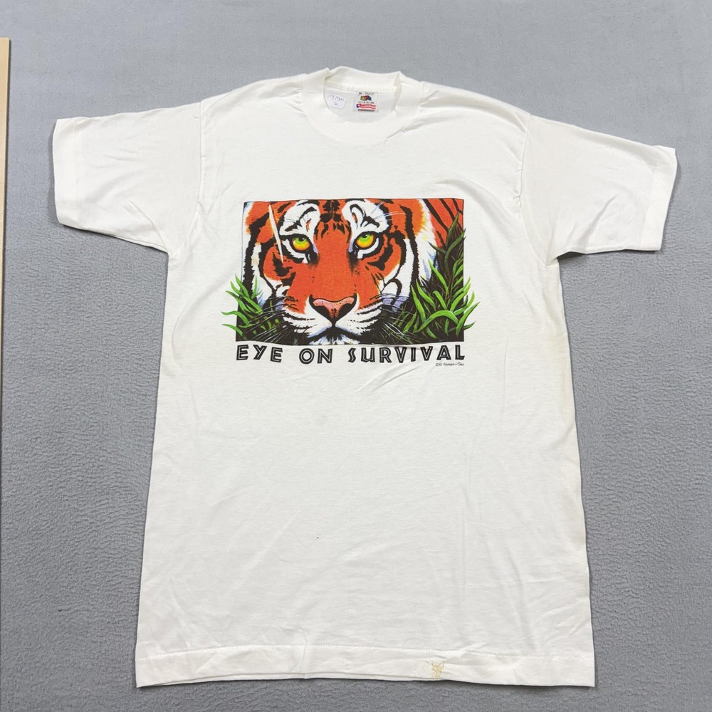 Vintage Fruit Of The Loom Shirt Mens Medium White Tiger Eye On Survival Tee 90s