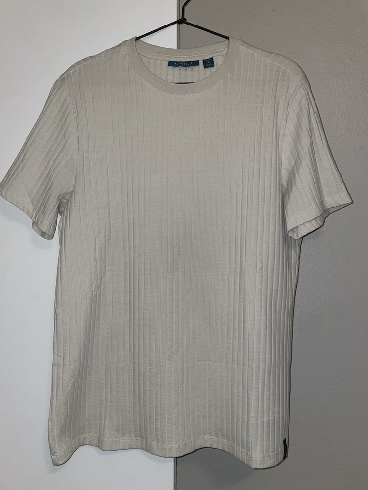Perry Ellis Men’s Beige Ribbed Knit Crew Neck Short Sleeve T-Shirt Size M