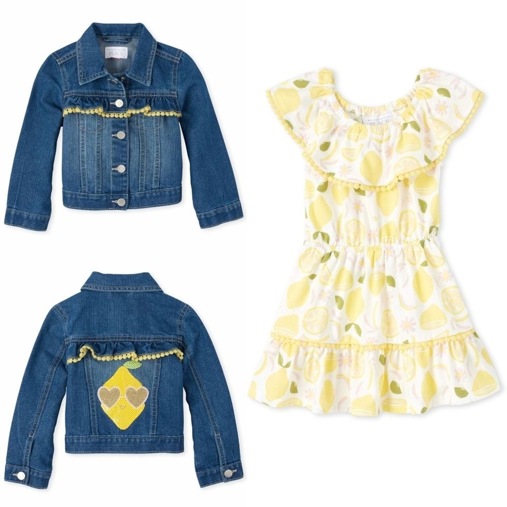 Girls Yellow Lemon Ruffle Dress & Sequined Denim Jacket Outfit Set Size 5t