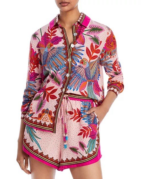FARM Rio Macaw Scarf Printed Button-Front Shirt Linen Blend Women’s Size XS