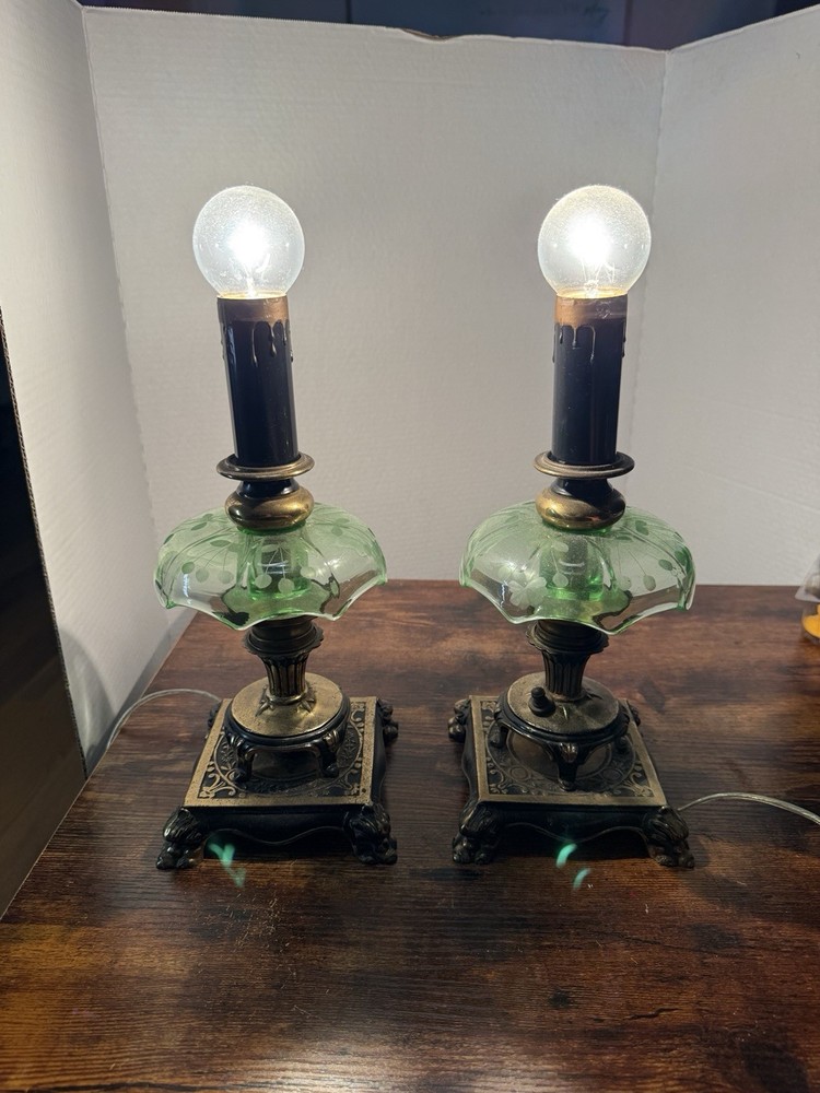 Vintage Uranium Glass Lamps Set of 2 Etched Green Floral Glow Ornate Metal Base