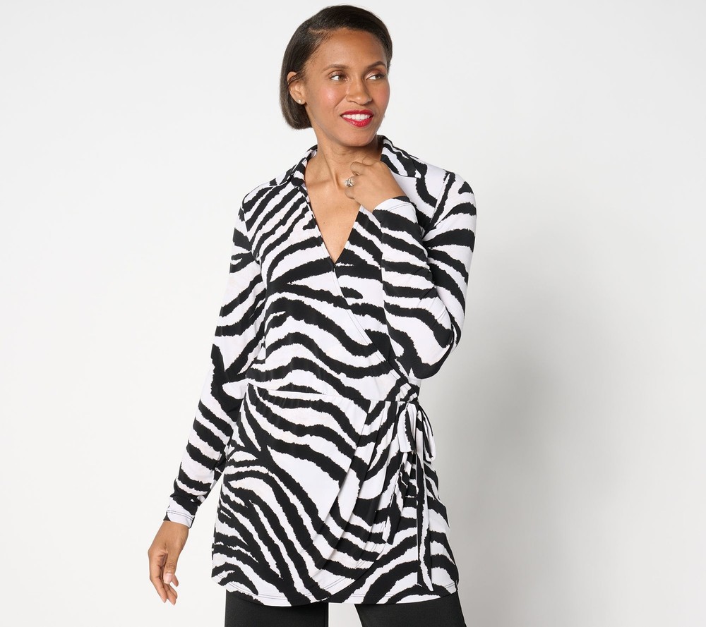 Dennis Basso Women's Top Sz M Italia Knit Faux Wrap Tunic Black A660891