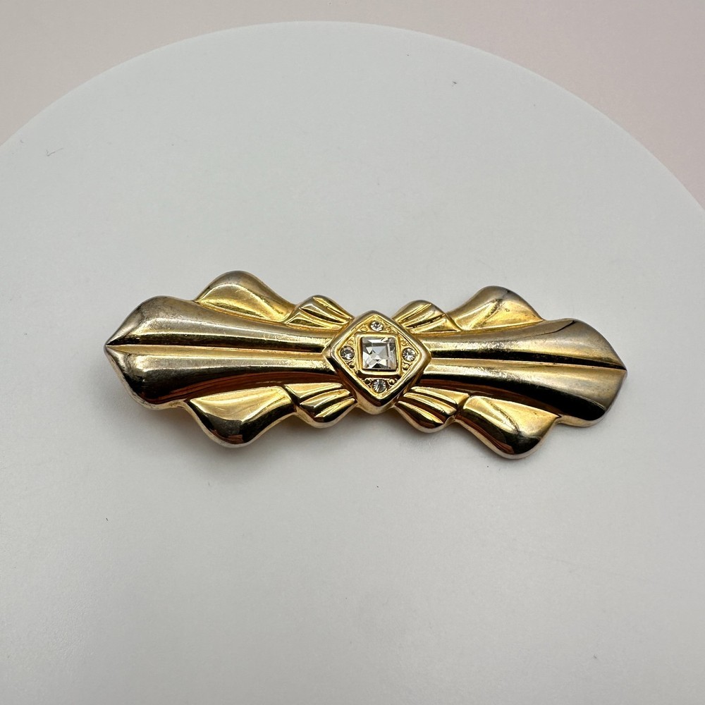 Vintage 80s Gold Tone Bar Brooch Pin Clear Rhinestone Statement Women's Jewelry