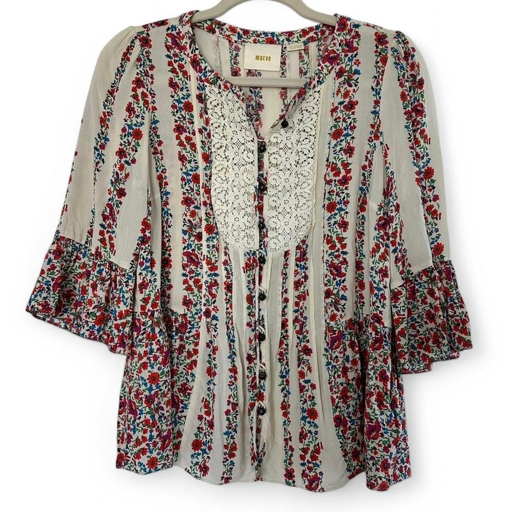 Anthropologie Maeve Hiver Floral Lace Button Up Blouse Ivory Women’s Sz 4