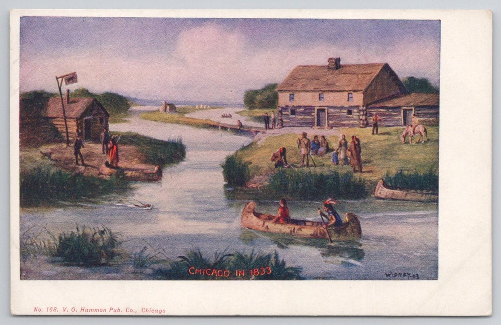 Chicago in 1833 Vintage Postcard - Native Americans & Log Cabins