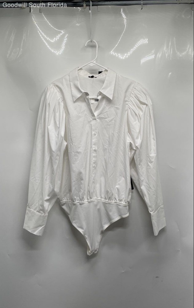 Express Womens White Long Sleeve Button Front Bodysuit Blouse Top Size L W/Tags