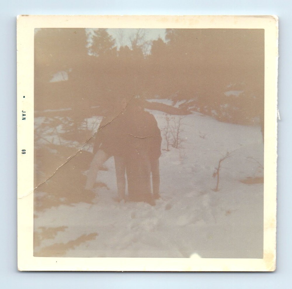 Old Vintage Square Color Photo TRIO SNOW WINTER SCENE 1969 SNAPSHOT PICTURE