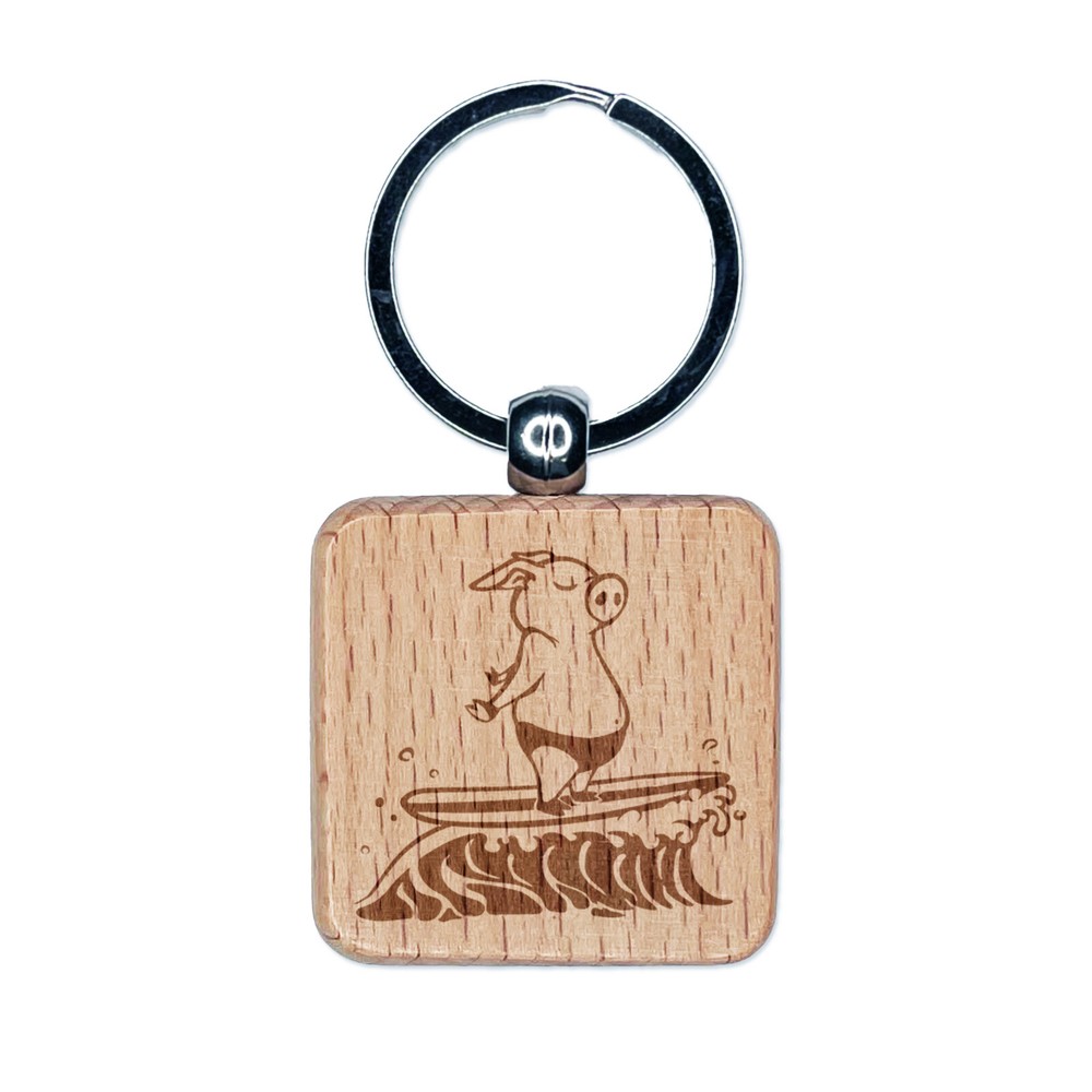 Peaceful Zen Surfer Pig Engraved Wood Square Keychain Tag Charm