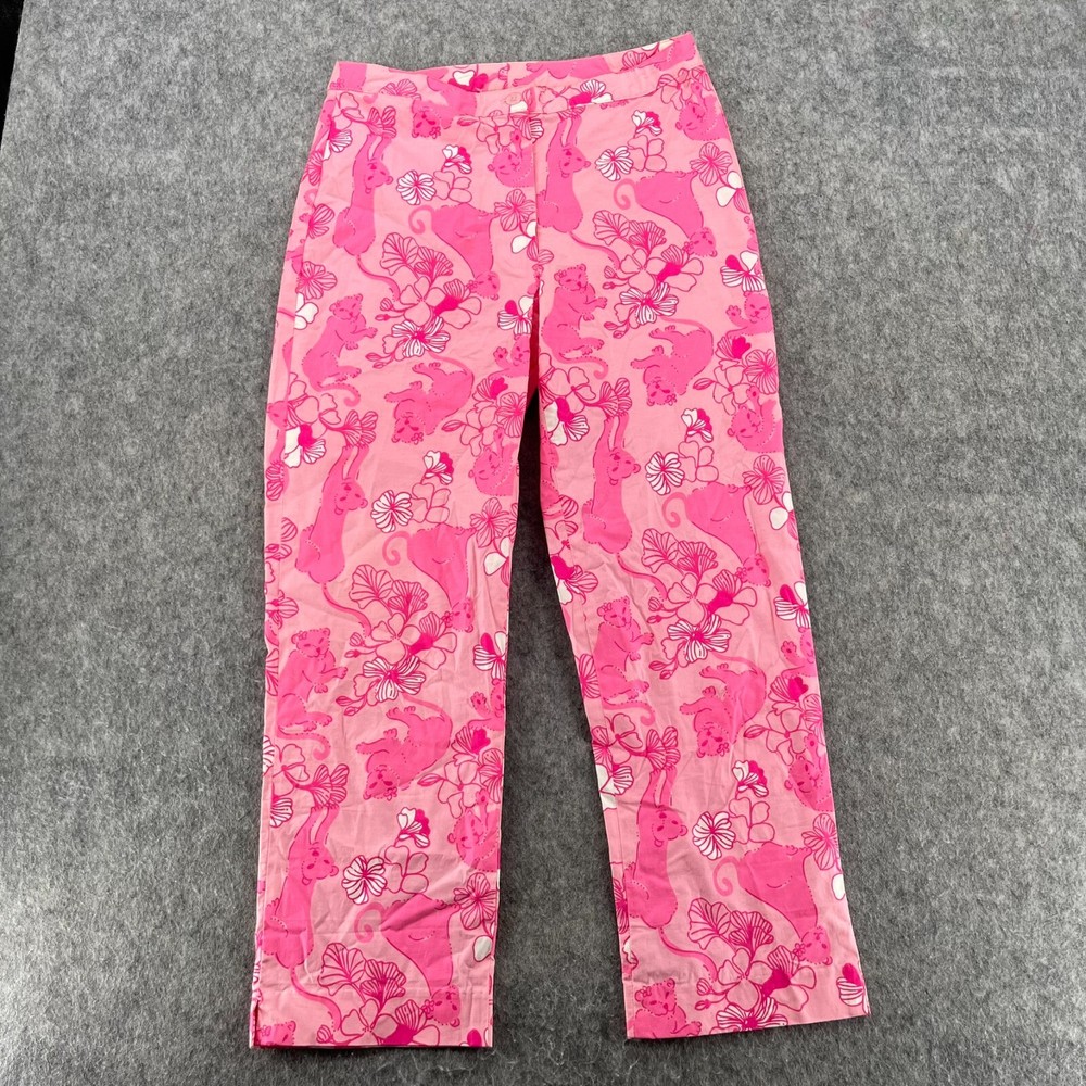 Vintage Lilly Pulitzer Pink Cotton Jungle Cat Print Pants 2 Womens