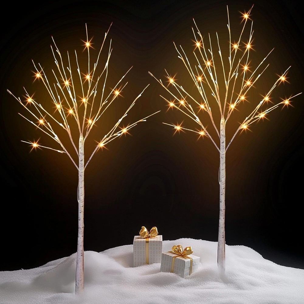 4FT LED Lighted Birch Tree 2-Pack with 96 Warm White Pre-Lit Twinkling Lights