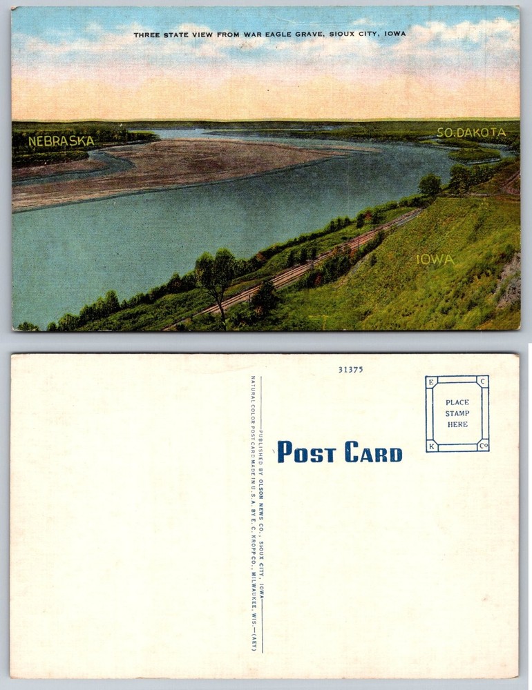 Vintage Three State View Postcard War Eagle Grave Sioux City Iowa Linen
