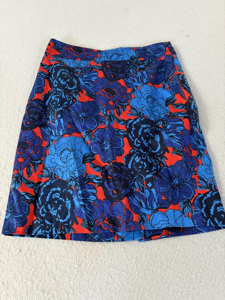 Ann Taylor Skirt Womens Petite 0P Red Blue Floral Pencil Lined Back Vent Office