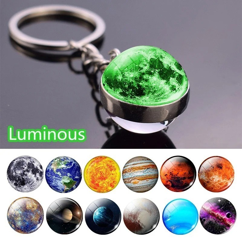 Glow Solar System Keychain Glass Ball Planet Luminous Keyring, Earth Moon Saturn