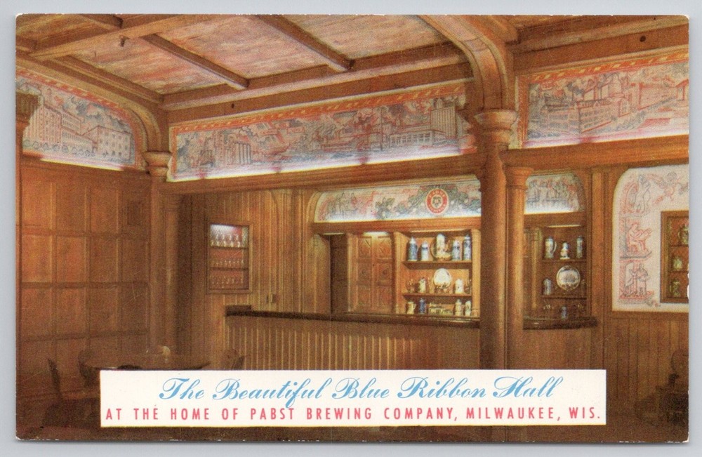 Pabst Blue Ribbon Hall Milwaukee WI Brewery Edgar Miller Murals Postcard