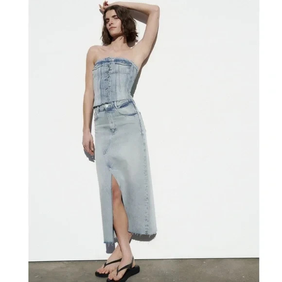 Zara Mid Rise Denim Maxi Midi Jean Skirt Frayed Slit Long Distressed XS Used