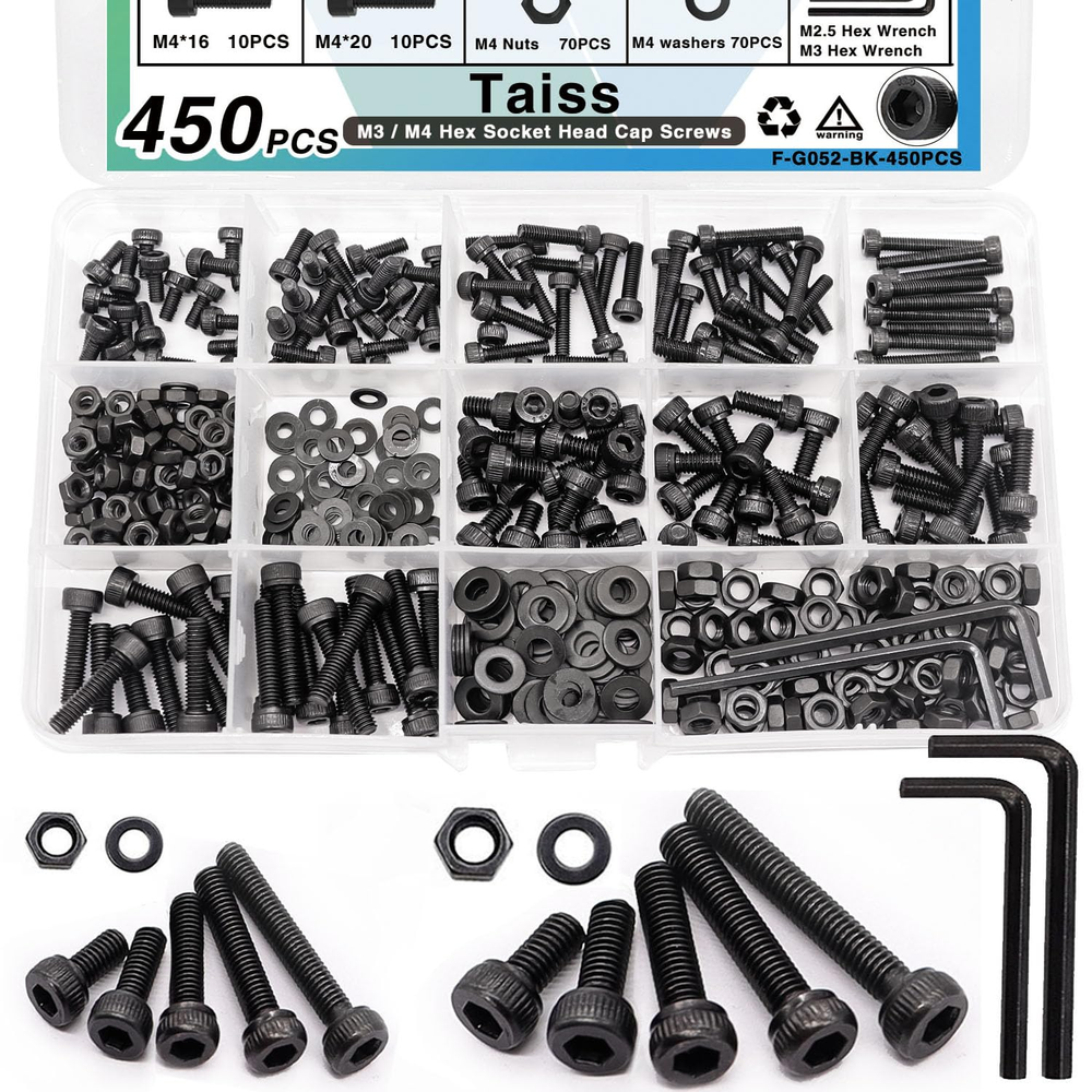 450PCS M3M4 Screw Kit Hex Socket Head Cap Screws Assortment With Nuts And Washer