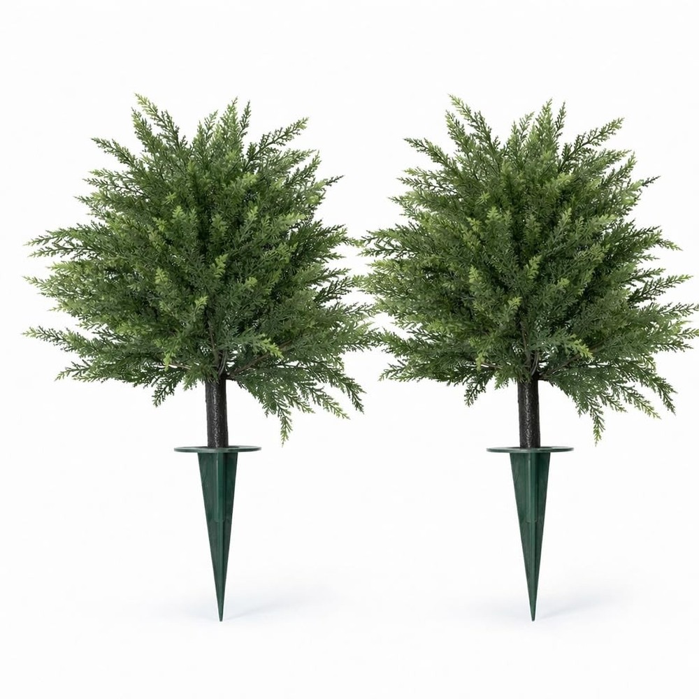 Artificial Cedar Topiary Ball Tree Set of 2 with Ground Spike, 16.5 Inch UV R...