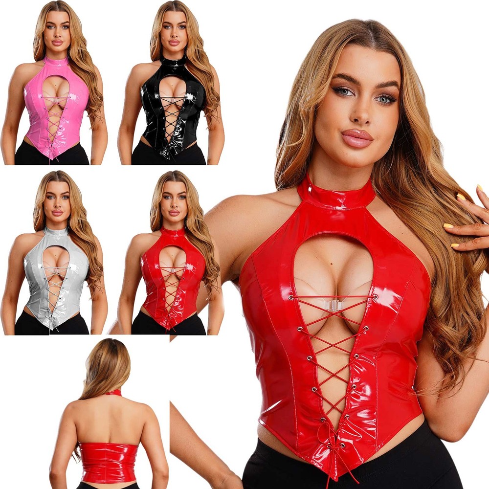 Women Bustier Clubwear Shiny Metallic Patent Leather Front Lace-up Vest Tops