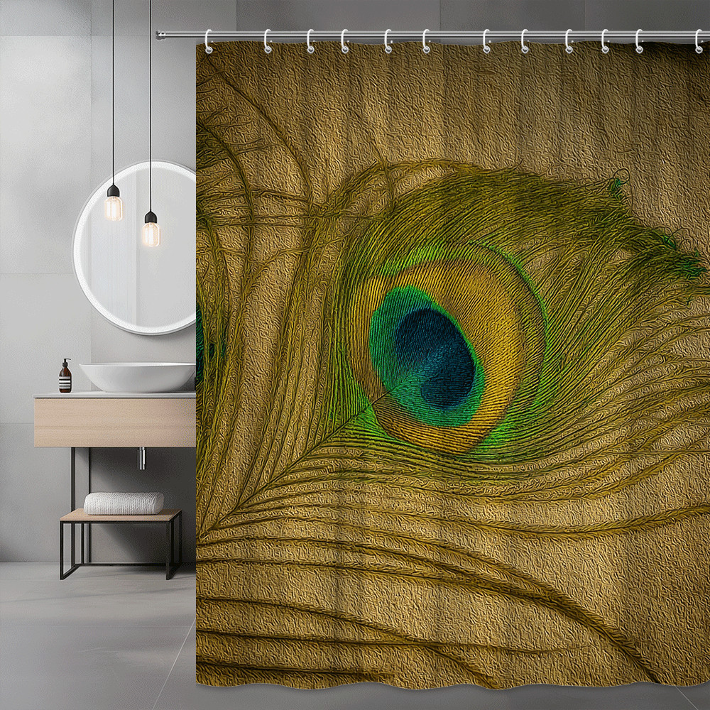 Peacock Feather Print Shower Curtain, Boho Nature Wall Art