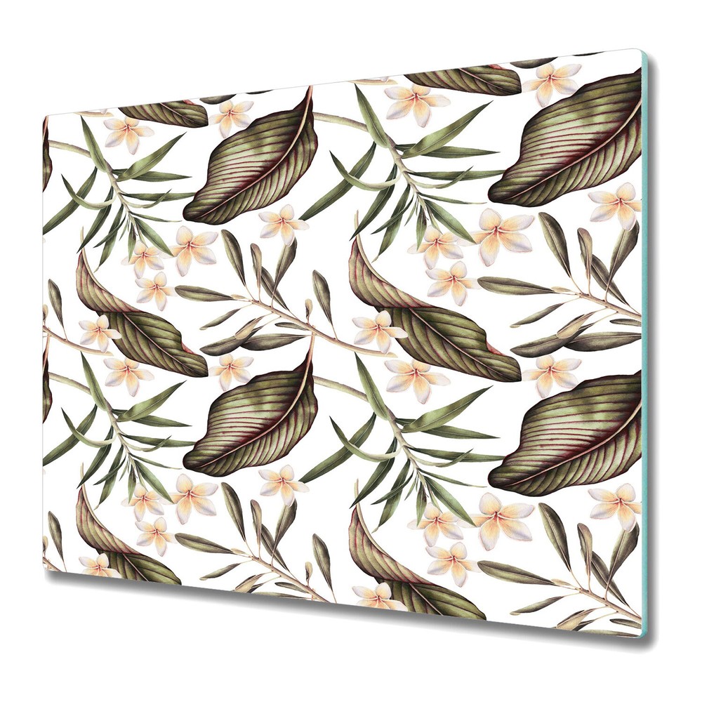 Glass Worktop Saver Tropical Brown Leaves and Flowers painting 60x52