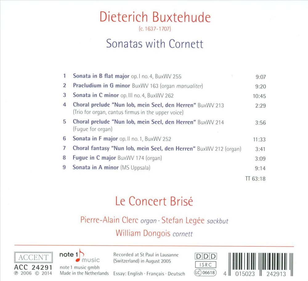 WILLIAM DONGOIS/LE CONCERT BRISÉ BUXTEHUDE: SONATAS WITH CORNETT NEW CD
